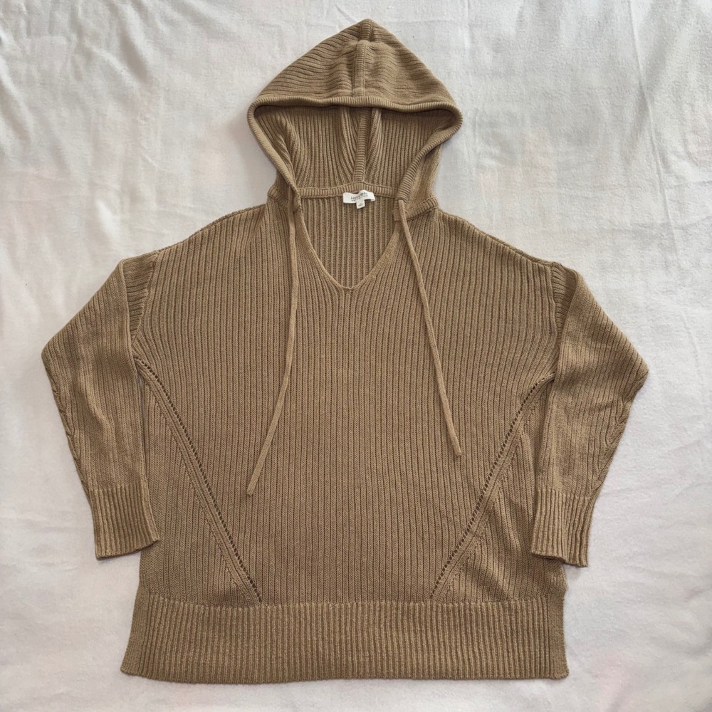 Haven Well Within Tan Linen Cotton Knit Hooded V-Neck Sweater XS Minimalist